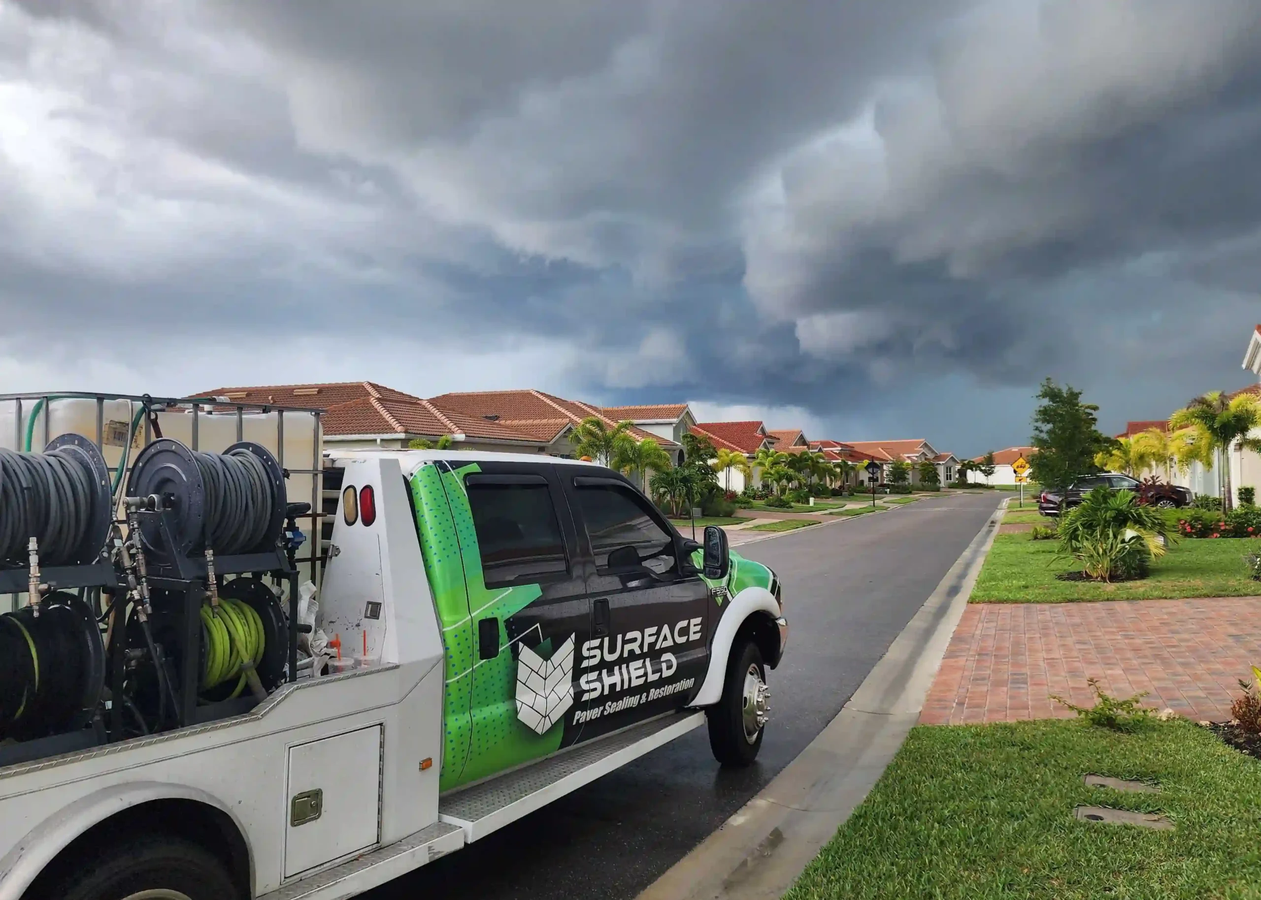 Branded Surface Shield vehicle parked at a residential paver maintenance site in Punta Gorda, FL